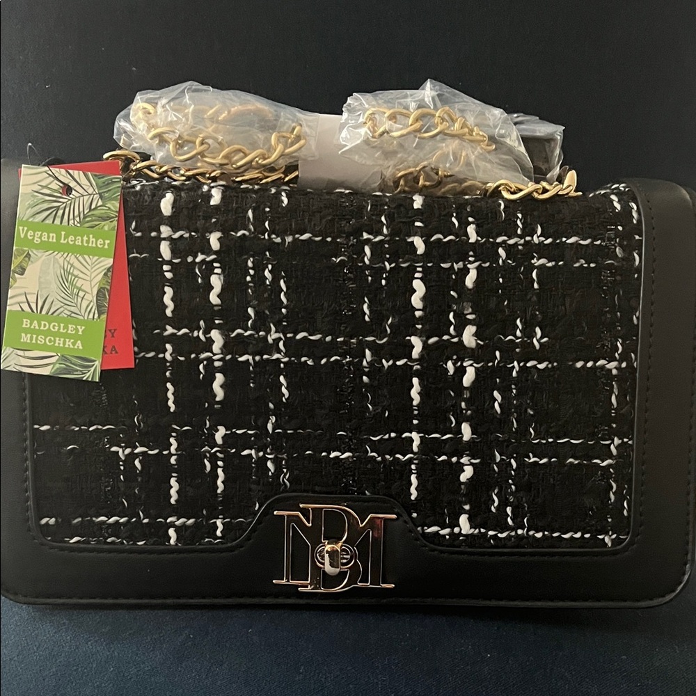 Badgley Mischka Black and White Tweed Shoulder Bag